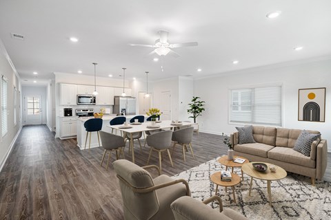 a living room with couches and a table with chairs